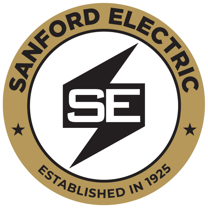 Circular logo with "Sanford Electric" at the top, "Established in 1925" at the bottom, and SE initials over a lightning bolt in the center. The design uses black, white, and gold colors.