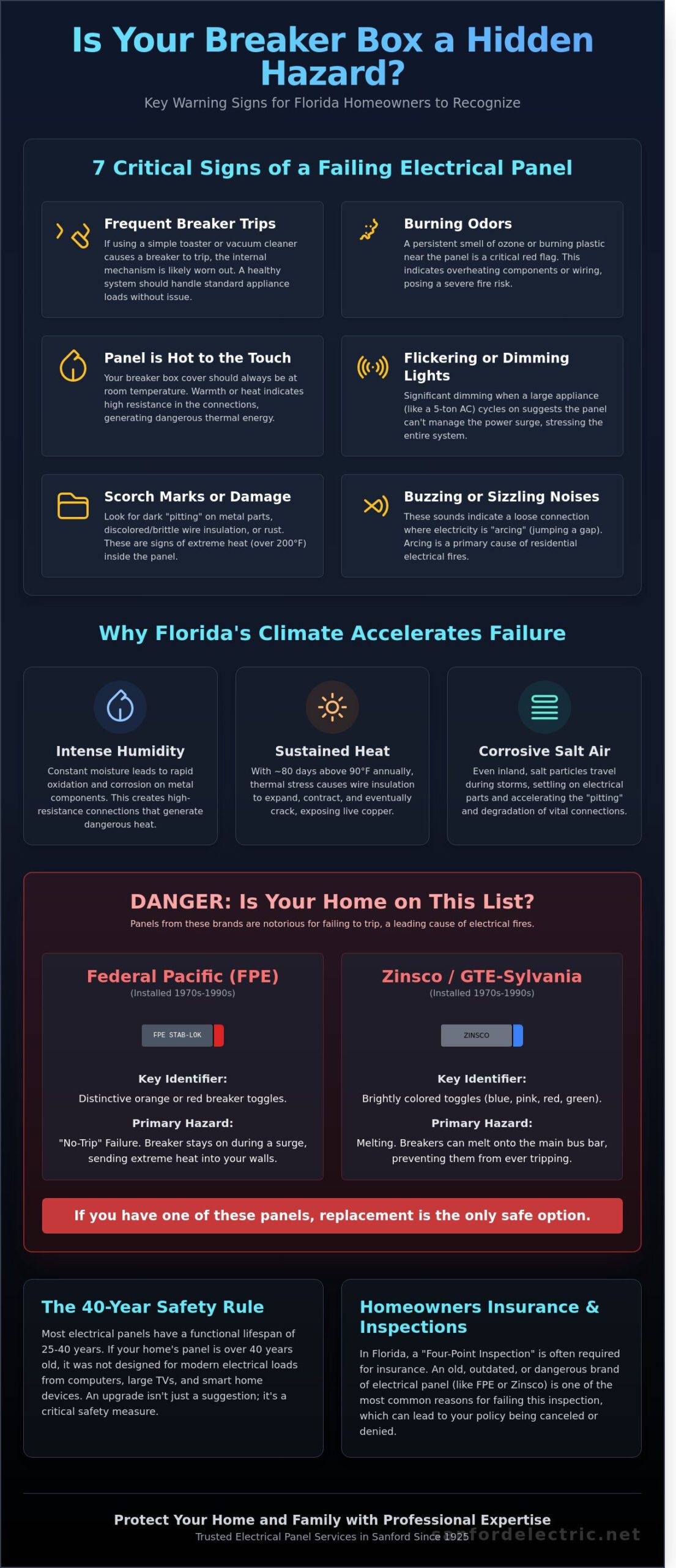 Infographic explaining the signs of a bad breaker box Florida homeowners should watch for, the effects of Florida’s climate, and safety risks of outdated electrical panels.