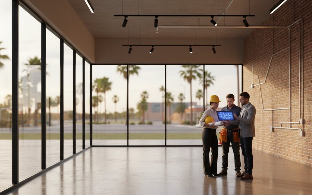 Three people, including one in a yellow construction helmet and vest, review blueprints in an empty, modern room with large windows and exposed brick walls.