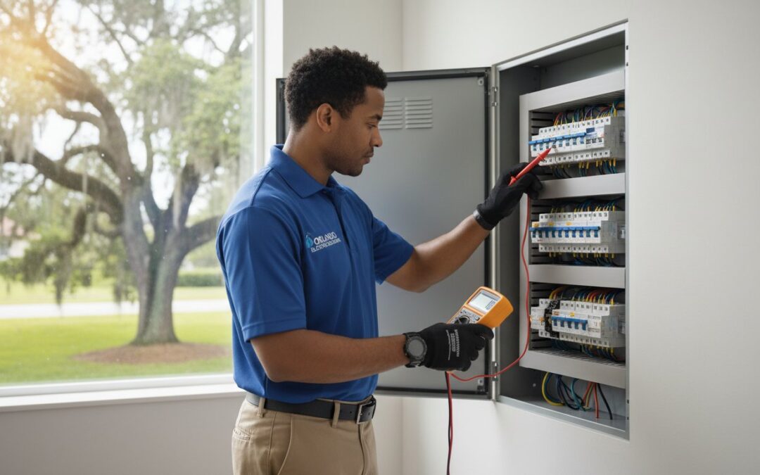 A technician in a blue shirt and gloves tests electrical circuits in a panel using a multimeter inside a bright room with a window.