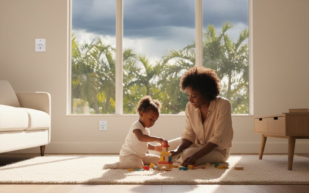 An adult and a child sit on a rug in a bright living room, playing with colorful stacking blocks near large windows with a view of palm trees.