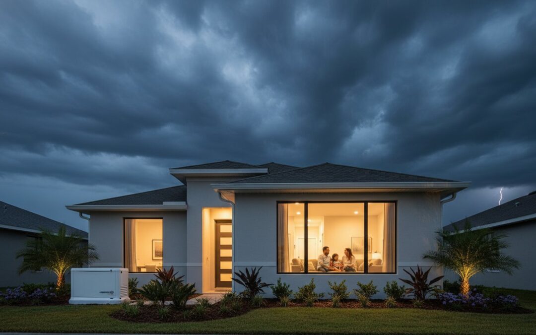 A modern single-story house with illuminated windows at dusk, under a dark, cloudy sky with distant lightning. Two people are visible inside through a large front window.