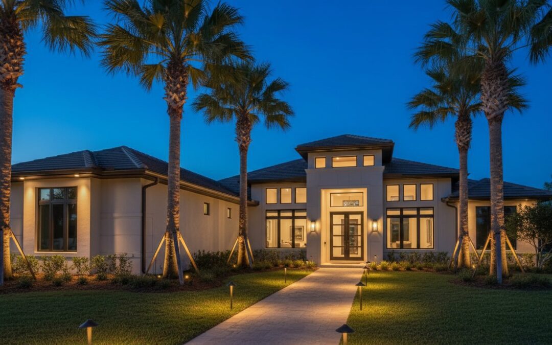Modern single-story house with large windows, surrounded by palm trees and illuminated pathway lights, photographed at dusk.