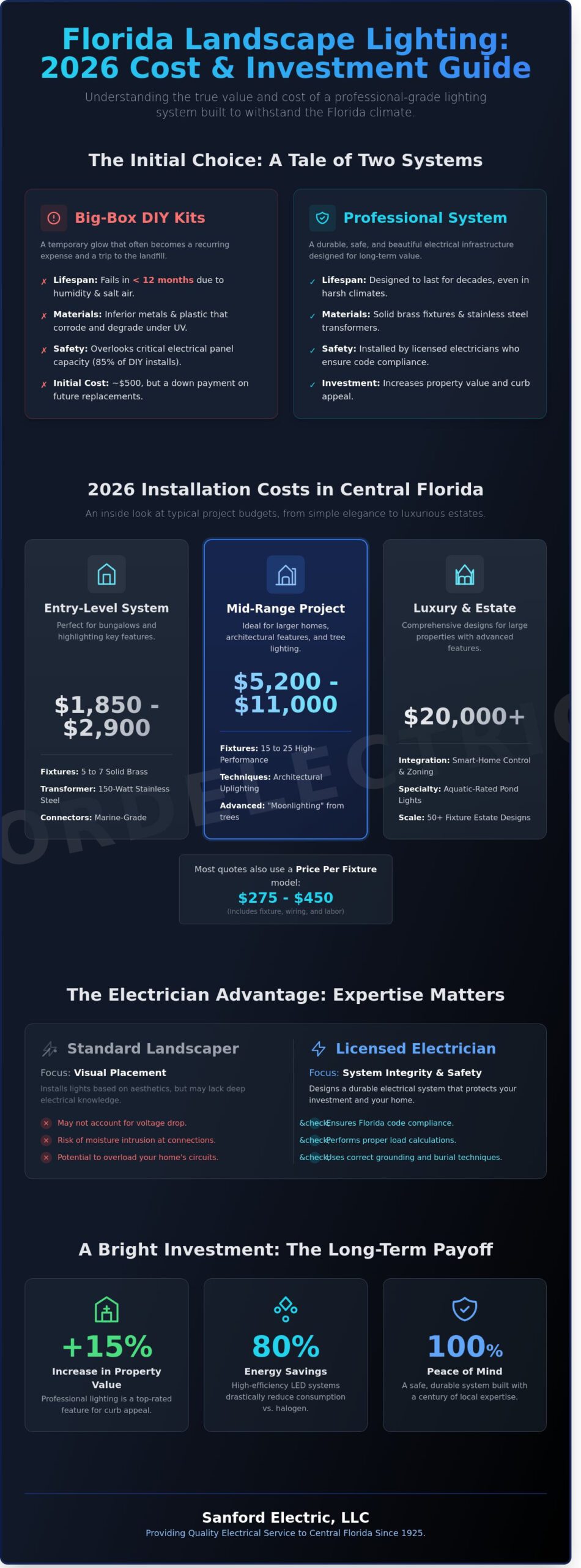 Infographic detailing Florida landscape lighting options, landscape lighting installation cost in Florida, system comparisons, long-term value, and expertise benefits, provided by Sanford Electric, LLC.