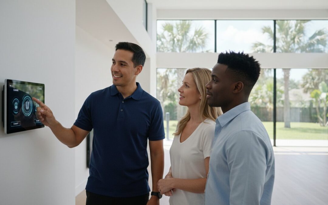 Three people stand in a modern living room while one person uses a wall-mounted touchscreen control panel, with large windows and palm trees visible outside.