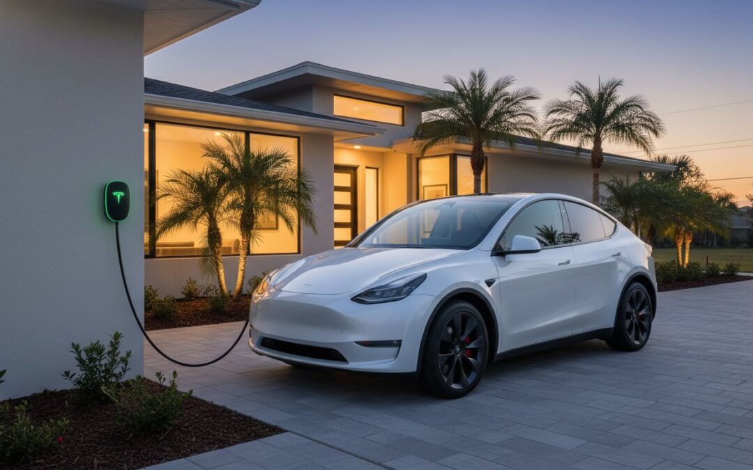 A white Tesla electric car is parked in a modern driveway, plugged into a wall charger, with a contemporary house and palm trees in the background at sunset.