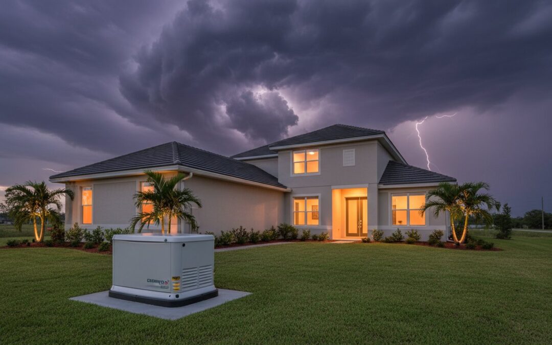 A modern house with lights on sits under a dark, stormy sky with visible lightning. A standby generator is in the front yard, surrounded by green grass and palm trees.