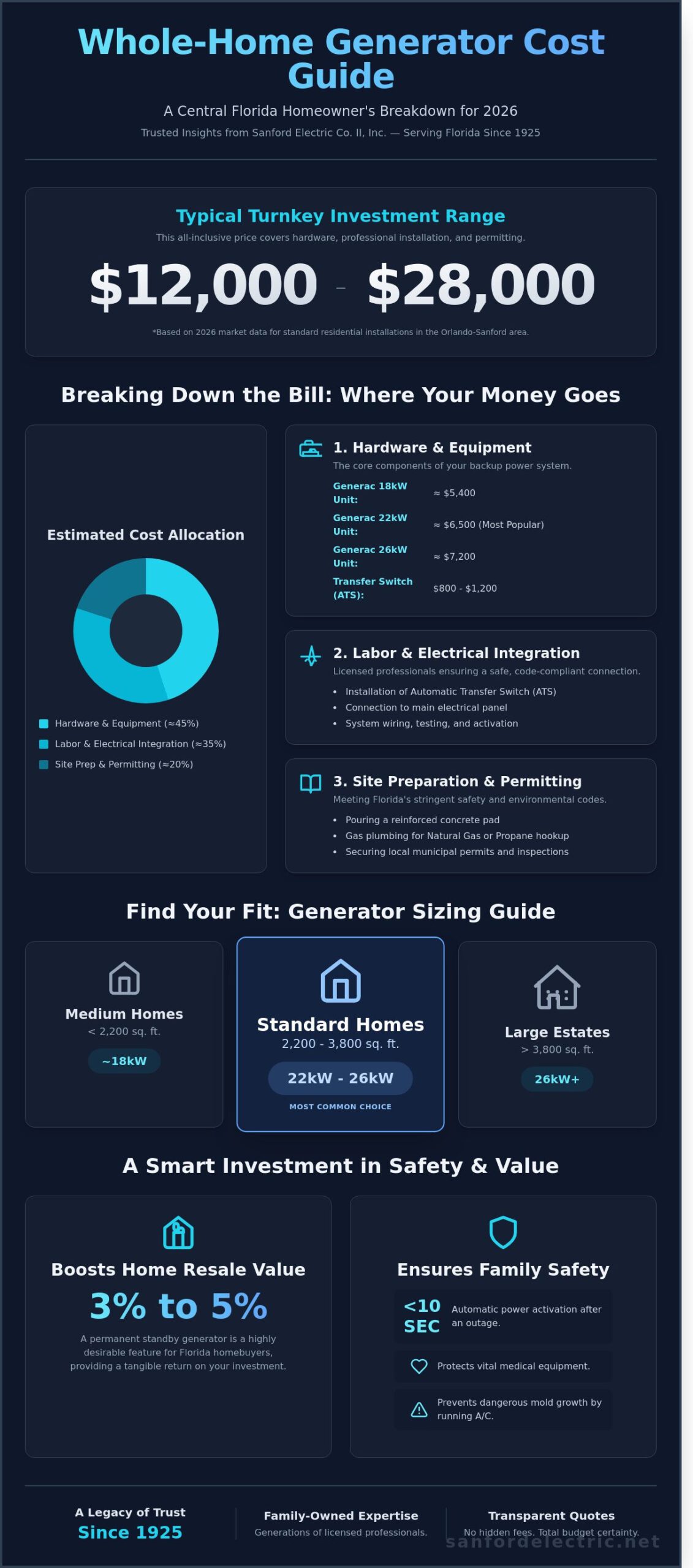Infographic detailing whole home generator cost Florida in 2026, with cost allocation, investment range, sizing guide, and benefits for home resale value and safety.