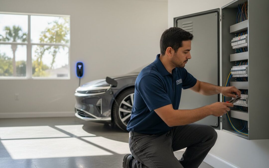 A man in a blue shirt kneels while working on an electrical panel in a garage with an electric car and a wall-mounted EV charger in the background.
