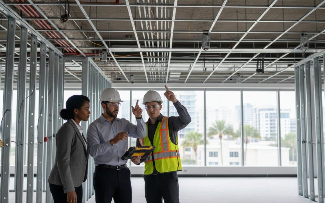 Three people in safety gear inspect an unfinished office space with exposed ceiling grid and steel framing, discussing plans while referencing a tablet. Large windows show a cityscape outside.