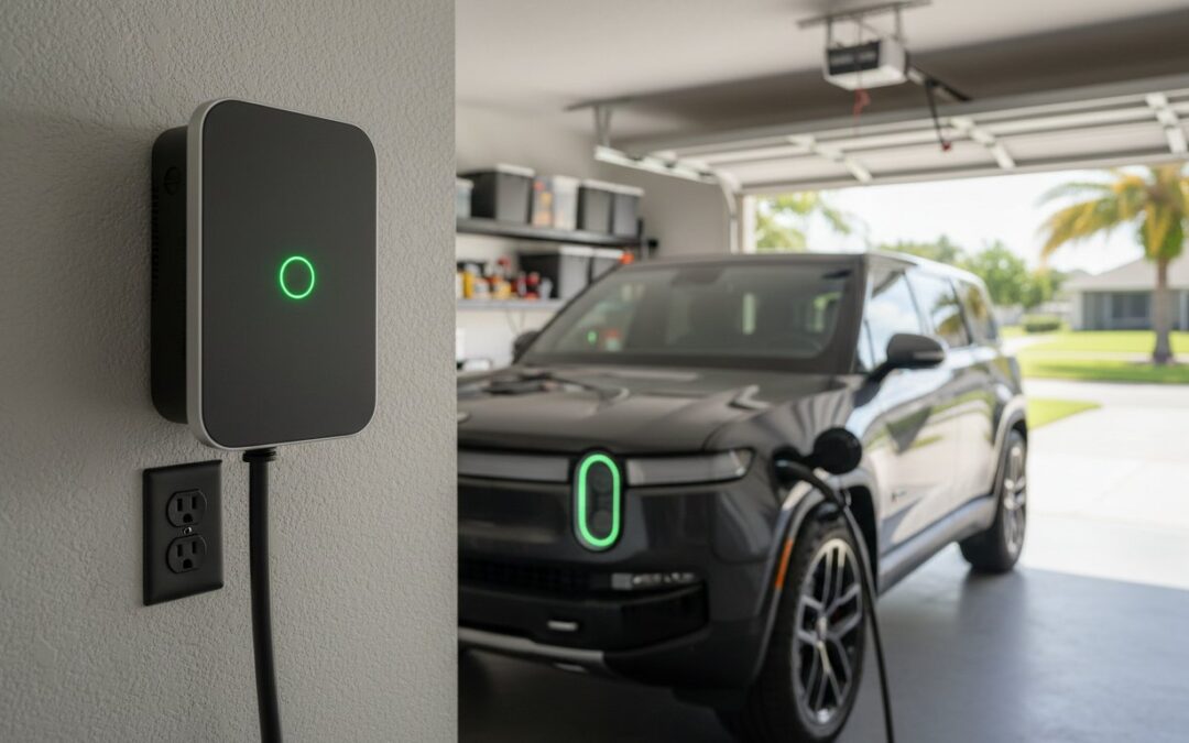 An electric vehicle is plugged into a wall-mounted home charging station inside a modern garage with an open door.