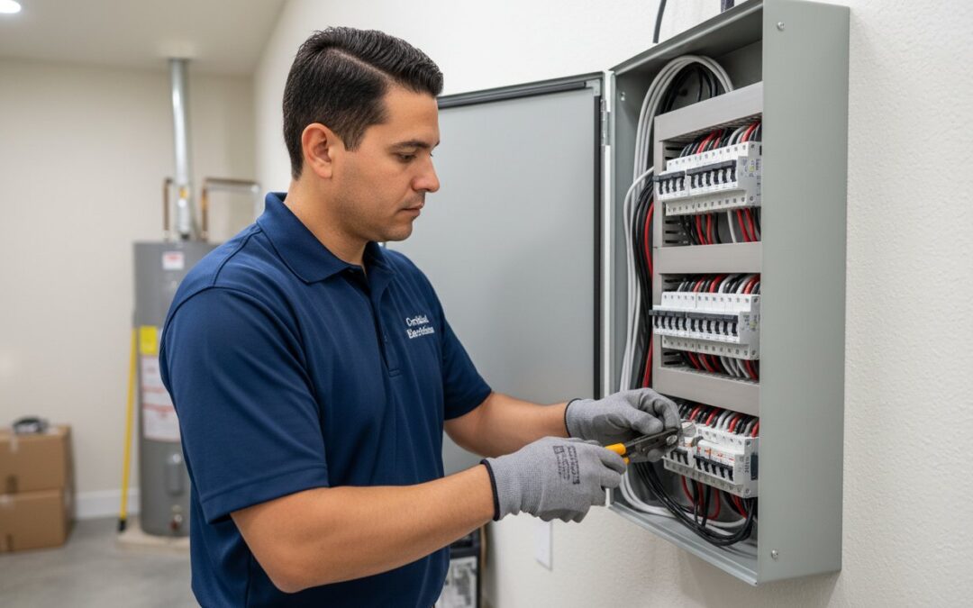 Man wearing gloves works on wiring inside an open electrical panel mounted on a wall in a utility room.