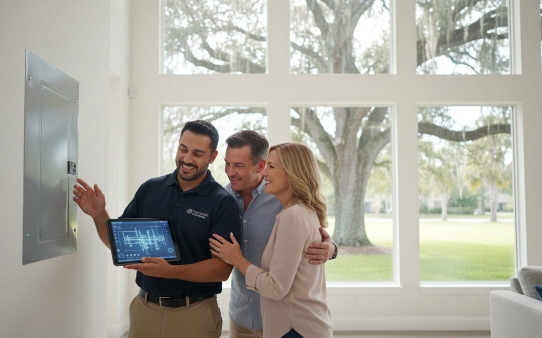 A technician shows a couple data on a tablet while explaining an electrical panel inside a bright, modern home with large windows.