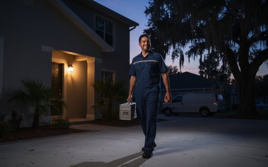 A man in a work uniform carries a toolbox and walks on a driveway outside a house at dusk, with a lit porch and a van in the background.