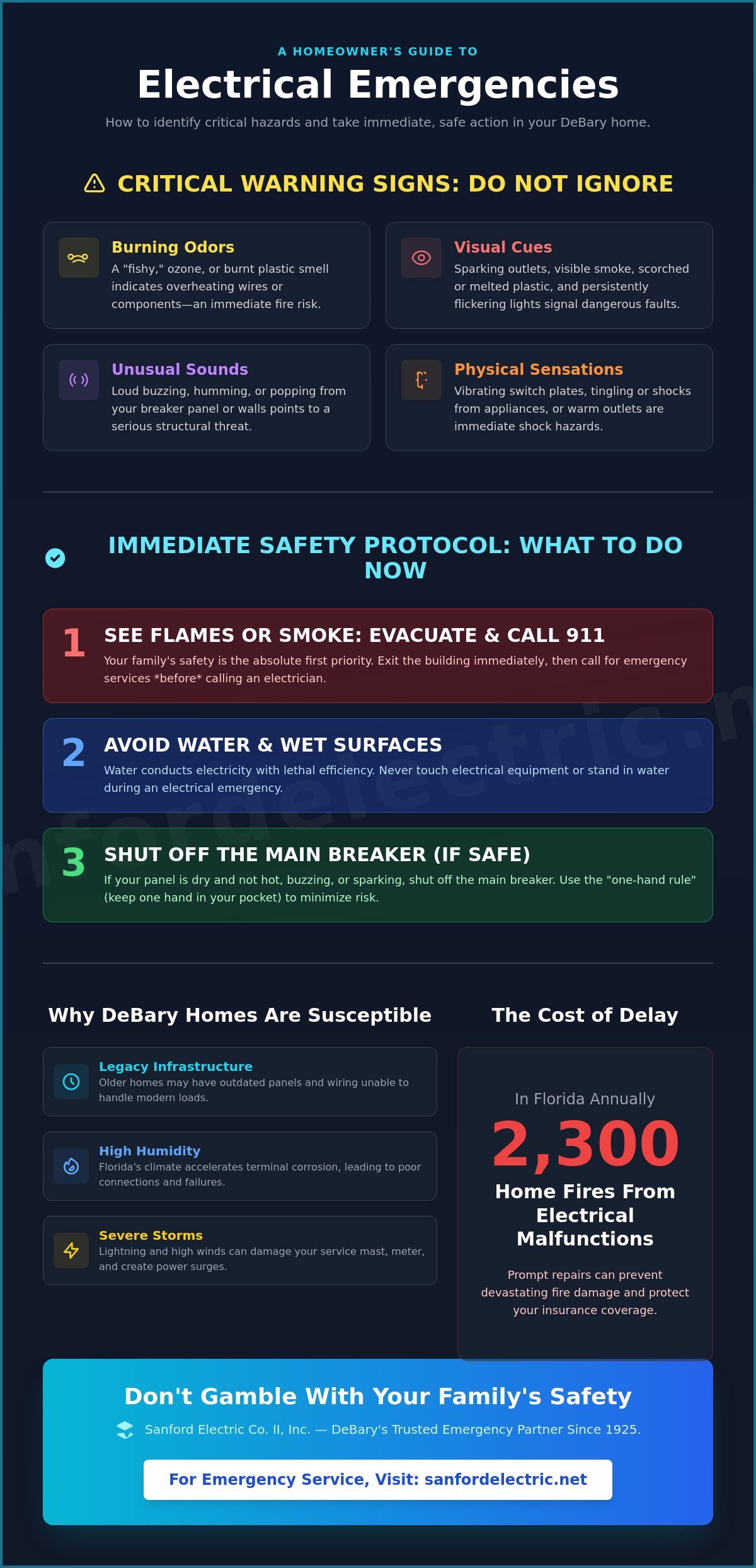 Infographic outlining critical warning signs, immediate safety protocols, and important facts for handling electrical emergencies in homes—plus when to call an emergency electrician Debary if you’re outside Delray Beach.