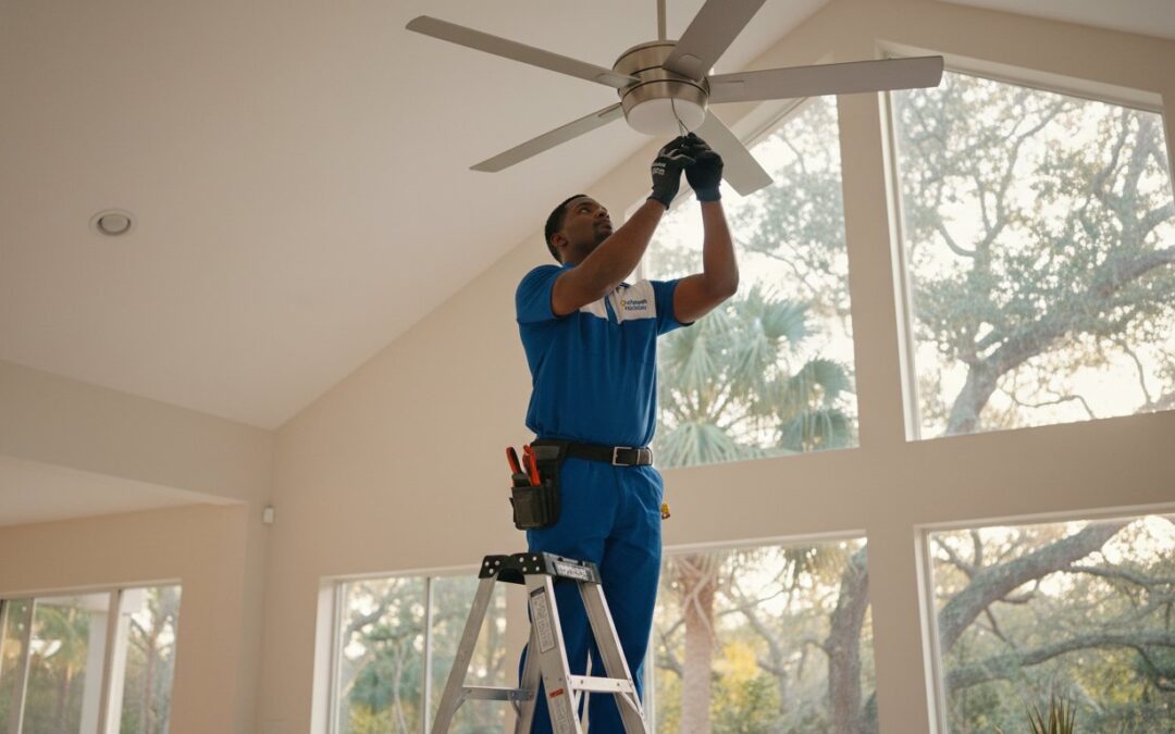A technician in blue uniform stands on a ladder installing or repairing a ceiling fan in a bright room with large windows.