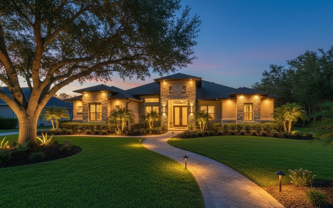 A single-story house with exterior lights on, a paved walkway, manicured lawn, palm trees, and landscaped garden at dusk.