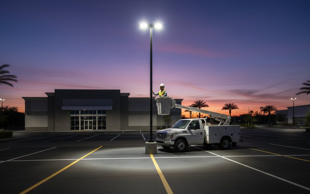 A worker in a bucket truck repairs a parking lot light in front of a closed building at dusk, with palm trees and an empty parking lot visible.