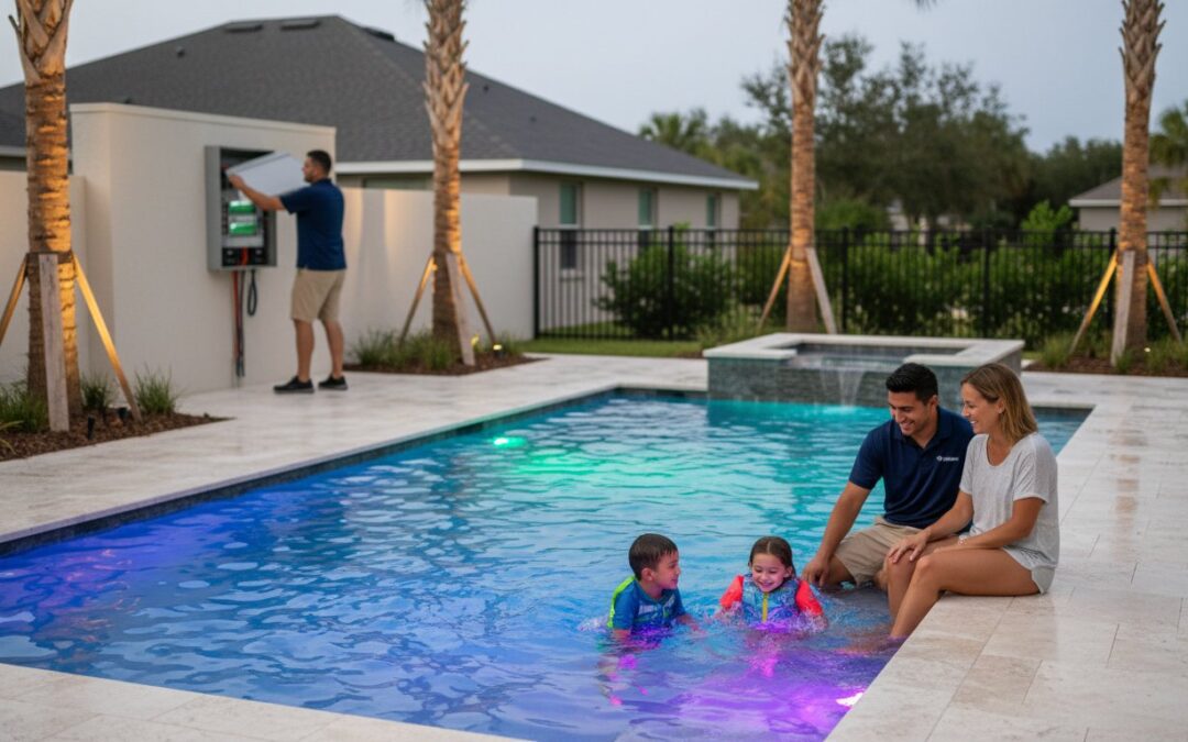 Two children swim in a pool with colorful lights while two adults sit at the edge; another person stands near a pool equipment panel in the background.