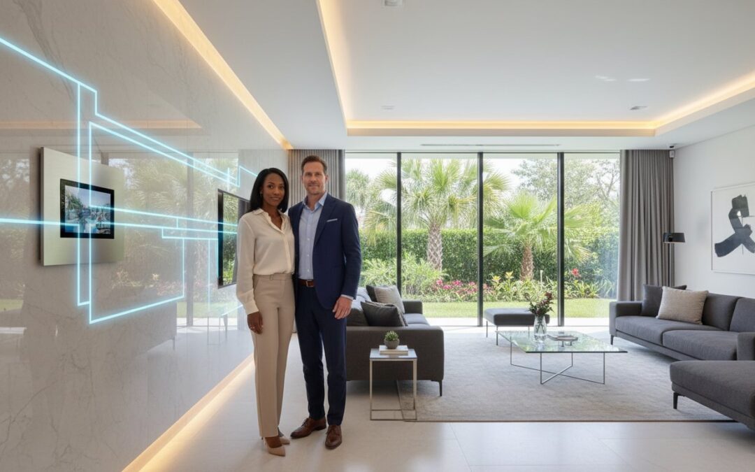 A man and woman stand together in a modern living room with large windows, neutral furnishings, and illuminated wall art.