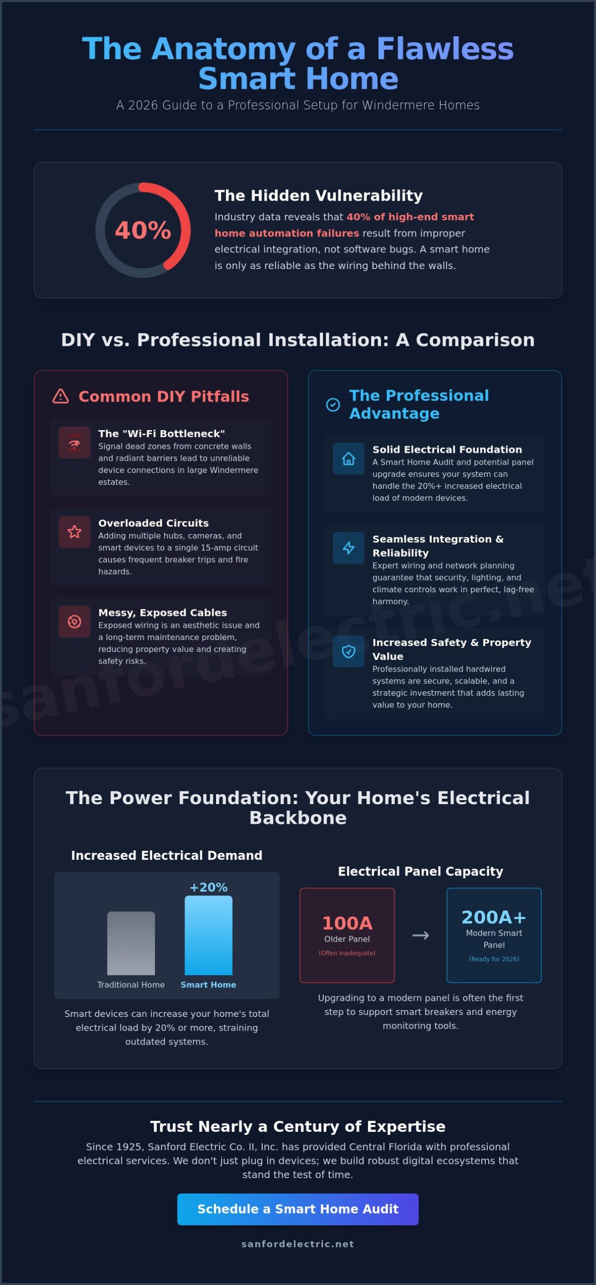 Infographic comparing DIY vs. professional smart home device setup Windermere, highlighting risks, benefits, and the importance of a strong electrical foundation for reliable smart home performance.