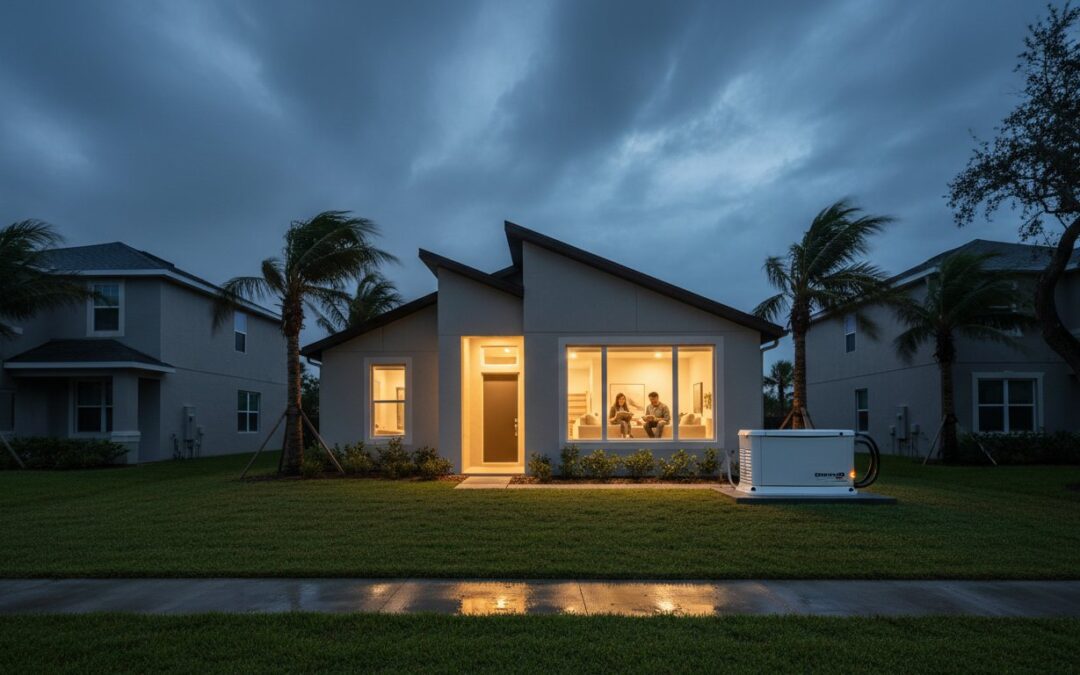 A single-story house with lit windows stands on a wet lawn at dusk, with palm trees blowing in the wind and a generator unit visible outside.