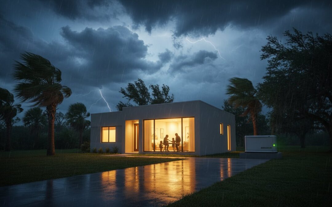 Modern house with illuminated windows during a thunderstorm, trees blowing in strong wind, visible lightning in the sky, and a backup generator outside.
