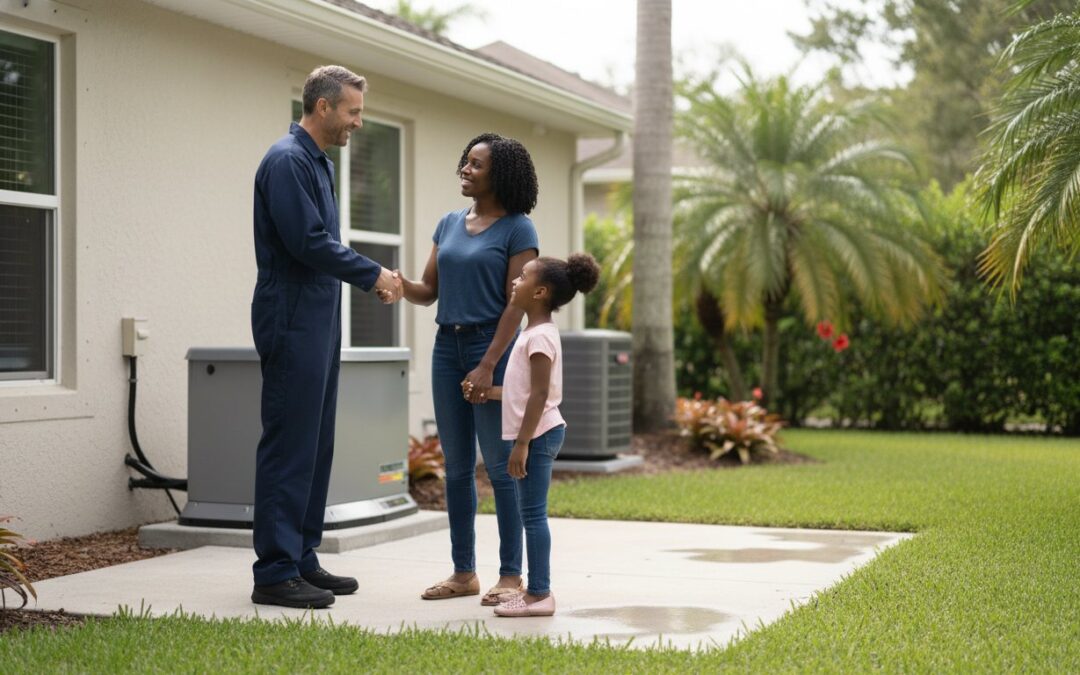 A technician shakes hands with an adult while a child stands beside them outside a house, next to an outdoor generator unit.