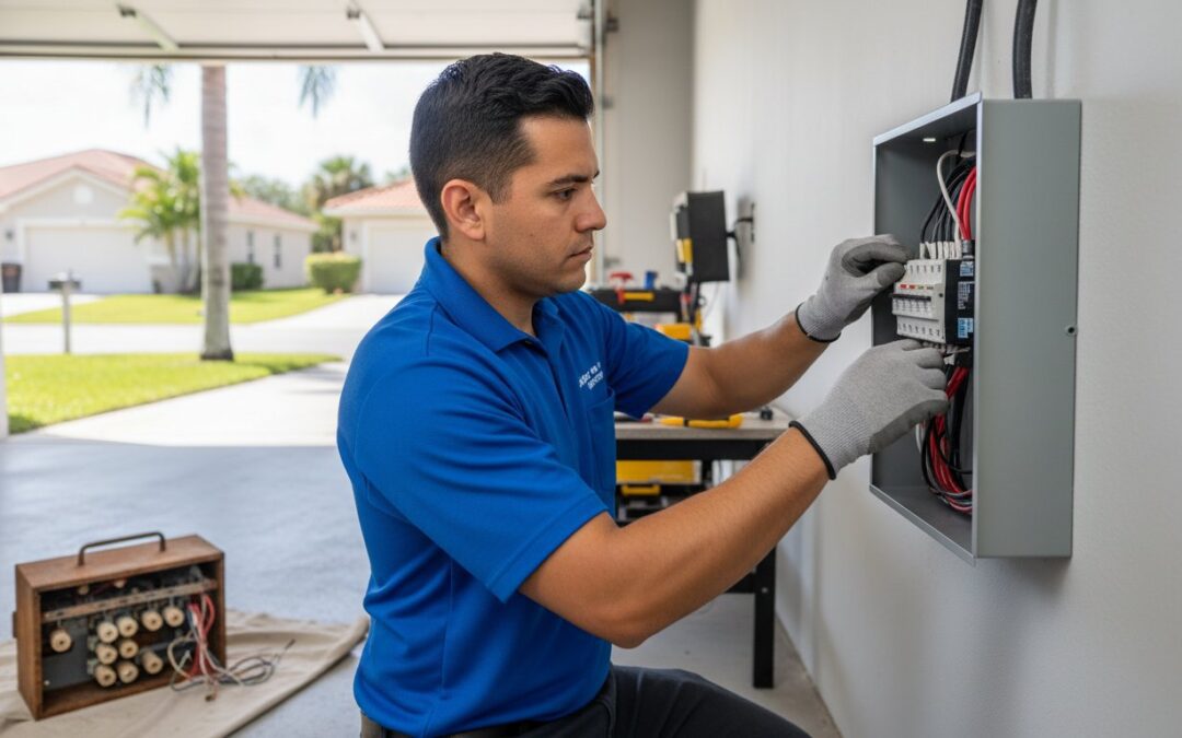 A technician in a blue shirt and gloves inspects a circuit breaker panel in a garage with tools and a testing device nearby.