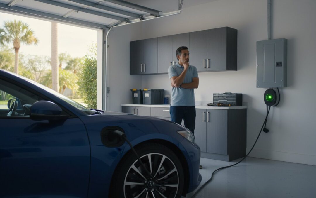 A man stands in a garage looking at an electric car that is plugged into a wall-mounted charger.