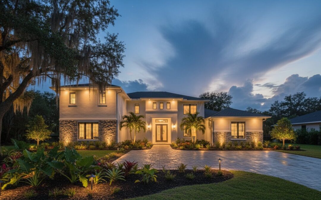 A modern two-story house with stone accents, large windows, and exterior lights, surrounded by landscaped gardens and a paved driveway at dusk.