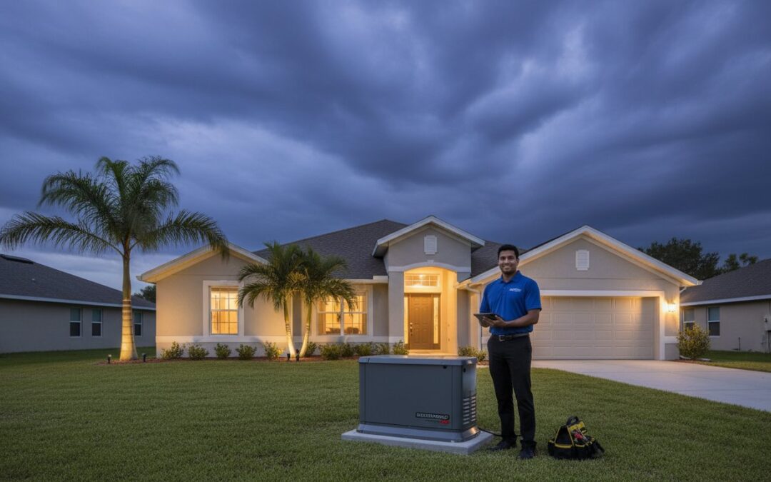 A technician stands next to a generator in the yard of a suburban house at dusk, holding a tablet, with tools on the grass nearby.