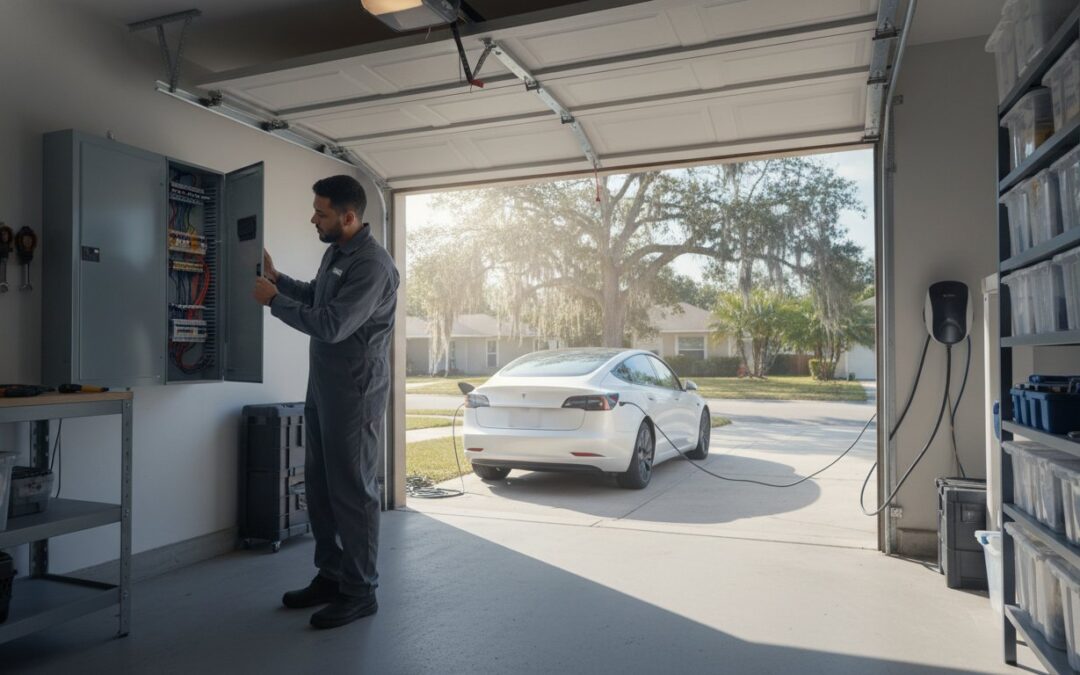 A technician in a garage works on an electrical panel while an electric car is parked inside, plugged into a wall-mounted charging station.
