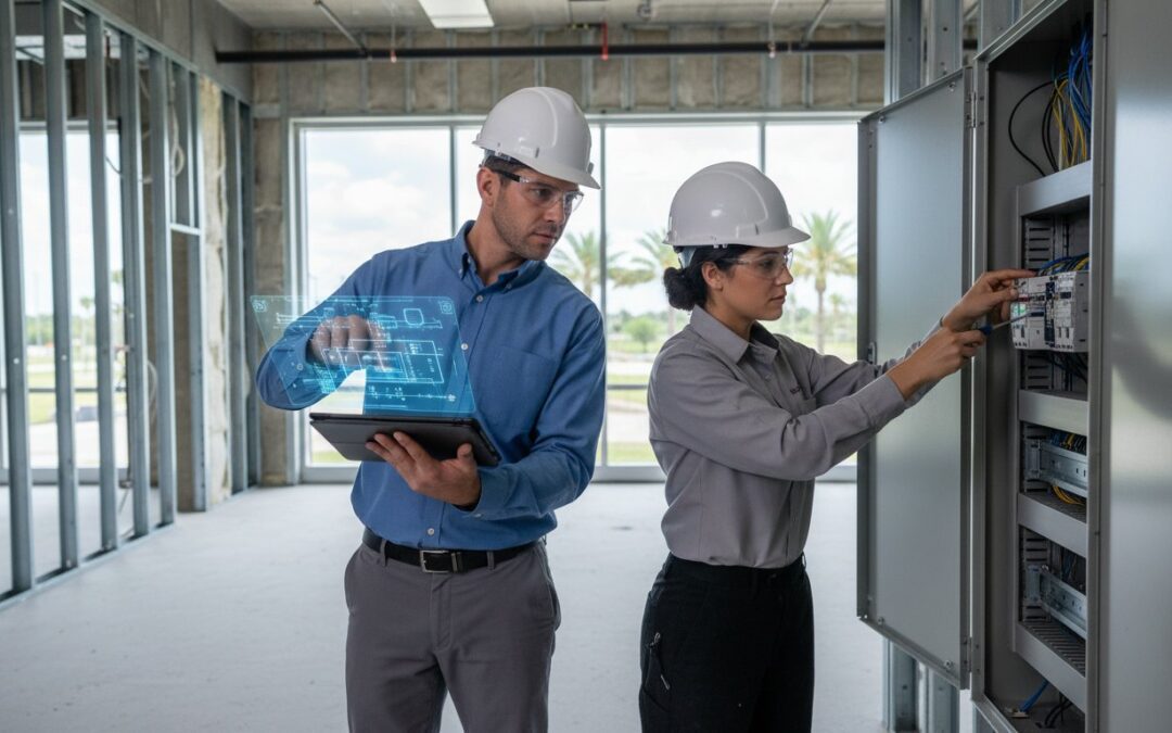 Two engineers from a commercial electrical contractor at Heathrow work on an electrical control panel; one uses a tablet displaying a digital schematic overlay, while the other adjusts wiring inside the panel.