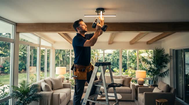 Electrician installing a light fixture in a Central Florida home